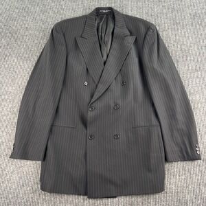 Vintage Hugo Boss Suit Jacket 44L Black Wool Striped Luxury Double Breasted USA
